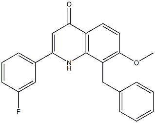 8-benzyl-2-(3-fluorophenyl)-7-Methoxyquinolin-4(1H)-one Struktur