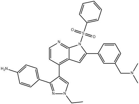 4-(4-(2-(3-((diMethylaMino)Methyl)phenyl)-1-(phenylsulfonyl)-1H-pyrrolo[2,3-b]pyridin-4-yl)-1-ethyl-1H-pyrazol-3-yl)aniline Struktur