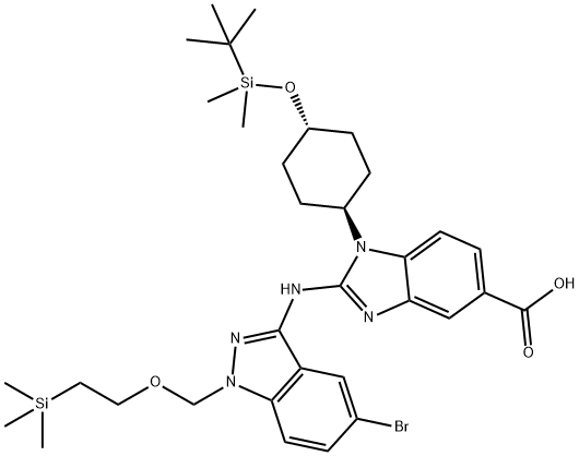 2-(5-broMo-1-((2-(triMethylsilyl)ethoxy)Methyl)-1H-indazol-3-ylaMino)-1-((1r,4r)-4-(tert-butyldiMethylsilyloxy)cyclohexyl)-1H-benzo[d]iMidazole-5-carboxylic acid Struktur