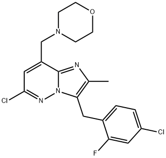 6-chloro-3-(4-chloro-2-fluorobenzyl)-2-Methyl-8-(Morpholin-4-ylMethyl)iMidazo[1,2-b]pyridazine Struktur