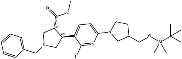 (t)-Methyl 1-benzyl-4-(6-(3-((tert-butyldimethyl-silyloxy)methyl)pyrrolidin-1-yl)-2-fluoropyridine Struktur