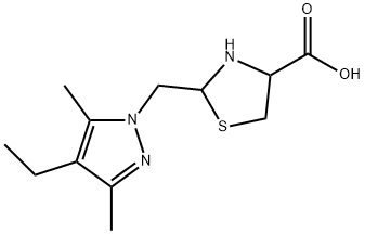 2-[(4-ethyl-3,5-dimethyl-1H-pyrazol-1-yl)methyl]-1,3-thiazolidine-4-carboxylic acid Struktur