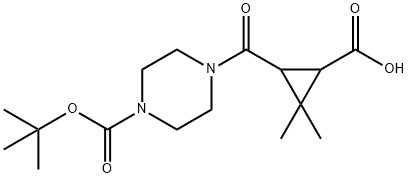 3-{[4-(tert-butoxycarbonyl)piperazin-1-yl]carbonyl}-2,2-dimethylcyclopropanecarboxylic acid Struktur