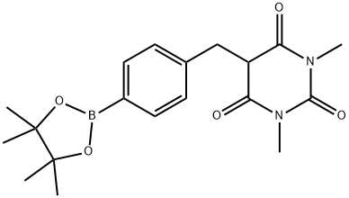 1,3-Dimethyl-5-[4-(4,4,5,5-tetramethyl-[1,3,2]dioxa-borolan-2-yl)-benzyl]-pyrimidine-2,4,6-trione Struktur