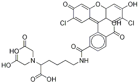 N-[5-(Bis-carboxymethyl-amino)-5-carboxy-pentyl)]-2-(2,7-dichloro-6-hydroxy-3-oxo-3H-xanthen-9-yl)-terephthalamic Acid Struktur