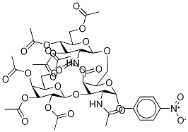 p-Nitrophenyl 2-Acetamido-4-O-acetyl-6-O-(2-acetamido-3,4,6-tri-O-acetyl-2-deoxy-β-D-glucopyranosyl)-2-deoxy-3-O-(2,3,4,6-tetra-O-acetyl-β-D-galactopyranosyl)-α- D-galactopyranoside

 Struktur