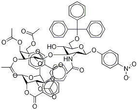 p-Nitrophenyl 2-Acetamido-2-deoxy-3-O-[2’-O-(2,3,4-tri-O-benzoyl-α-L-fucopyranosyl)-3’,4’,6’-tri-O-acetyl-D-galactopyranosyl]-6-O-trityl-β-D-glucopyranoside

 Struktur