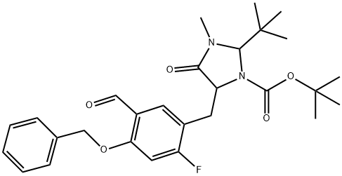 (2S,5S)-tert-Butyl-5-(4-benzyloxy-2-fluoro-5-formylbenzyl)-2-tert-butyl-3-methyl-4-oxoimidazolidine-1-carboxylate Struktur