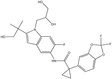 1-(2,2-difluorobenzo[d][1,3]dioxol-5-yl)-N-(1-(2,3-dihydroxypropyl)-6-fluoro-2-(1-hydroxy-2-Methylpropan-2-yl)-1H-indol-5-yl)cyclopropanecarboxaMide Struktur