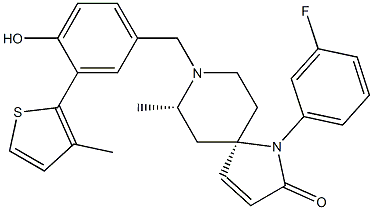 1,8-Diazaspiro[4.5]dec-3-en-2-one, 1-(3-fluorophenyl)-8-[[4-hydroxy-3-(3-Methyl-2-thienyl)phenyl]Methyl]-7-Methyl-, (5R,7S)- Struktur