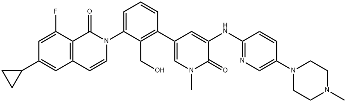 2-[2-(ヒドロキシメチル)-3-[5-[[5-(4-メチルピペラジン-1-イル)-2-ピリジル]アミノ]-1-メチル-6-オキソ-1,6-ジヒドロピリジン-3-イル]フェニル]-8-フルオロ-6-シクロプロピル-3,4-ジヒドロイソキノリン-1(2H)-オン 化學(xué)構(gòu)造式