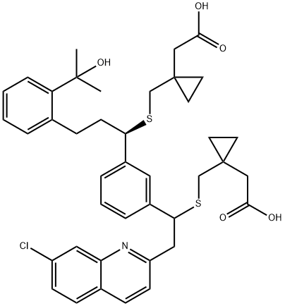 Cyclopropaneacetic acid, 1-[[[( 1R)-1-[3-[1-[[[1-(carboxyMethyl)cyclopropyl]Methyl]thio]-2-(7-chloro-2-quinolinyl)ethyl] phenyl]-3-[2-(1-hydroxy-1- Methylethyl)phenyl]propyl]thio]Methyl]- Struktur