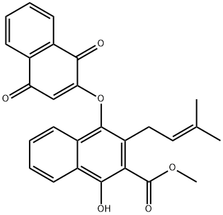 1-Hydroxy-3-(3-methyl-2-butenyl)-4-[(1,4-dihydro-1,4-dioxonaphthalen)-2-yl]naphthalene-2-carboxylic acid methyl ester Struktur