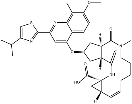 Cyclopenta[c]cyclopropa[g][1,6]diazacyclotetradecine-12a(1H)-carboxylic acid, 2,3,3a,4,5,6,7,8,9,11a,12,13,14,14a-tetradecahydro-2-[[7-Methoxy-8-Methyl-2-[4-(1-Methylethyl)-2-thiazolyl]-4-quinolinyl]oxy]-5-Methyl-4,14-dioxo-, (2R,3aR,10Z,11aS,12aR,14aR)- Struktur