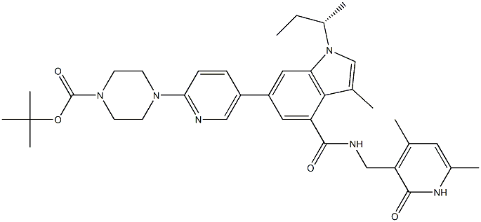 (S)-tert-butyl 4-(5-(1-(sec-butyl)-4-(((4,6-diMethyl-2-oxo-1,2-dihydropyridin-3-yl)Methyl)carbaMoyl)-3-Methyl-1H-indol-6-yl)pyridin-2-yl)piperazine-1-carboxylate Struktur