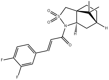 (E)-3-(3,4-difluorophenyl)-1-((3aS,6R,7aR)-8,8-diMethyl-2,2-dioxidohexahydro-1H-3a,6-Methanobenzo[c]isothiazol-1-yl)prop-2-en-1-one Struktur