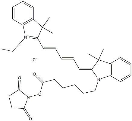 2-((1E,3E,5E)-5-(1-(6-(2,5-Dioxopyrrolidin-1-yloxy)-6-oxohexyl)-3,3-diMethylindolin-2-ylidene)penta-1,3-dienyl)-1-ethyl-3,3-diMethyl-3H-indoliuM chloride Struktur