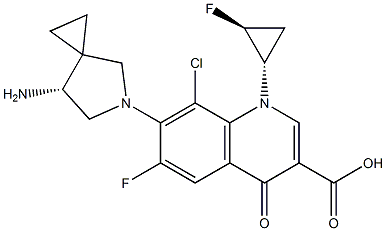 3-Quinolinecarboxylic acid, 7-[(7R)-7-aMino-5-azaspiro[2.4]hept-5-yl]-8-chloro-6-fluoro-1-[(1S,2S)-2-fluorocyclopropyl]-1,4-dihydro-4-oxo- Struktur