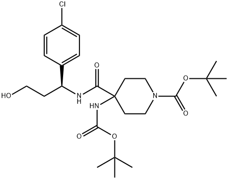 (S)-tert-butyl 4-(tert-butoxycarbonylamino)-4-(1-(4-chlorophenyl)-3-hydroxypropylcarbamoyl)piperidine-1-carboxylate Struktur