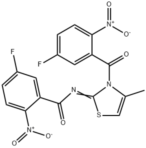 5-Fluoro-N-[3-(5-fluoro-2-nitro-benzoyl)-4-methyl-3H-thiazol-2-ylidene]-2-nitro-benzamide Struktur