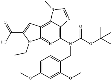 4-(tert-butoxycarbonyl(2,4-dimethoxybenzyl)amino)-6-ethyl-1-methyl-1,6-dihydroimidazo[4,5-d]pyrrolo[2,3-b]pyridine-7-carboxylic acid Struktur