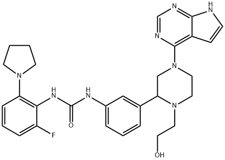 1-(2-fluoro-6-(pyrrolidin-1-yl)phenyl)-3-(3-(1-(2-hydroxyethyl)-4-(7H-pyrrolo[2,3-d]pyrimidin-4-yl)piperazin-2-yl)phenyl)urea Struktur