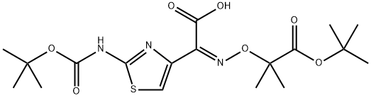 (Z)-2-(((1-(tert-butoxy)-2-methyl-1-oxopropan-2-yl)oxy)imino)-2-(2-((tert-butoxycarbonyl)amino)thiazol-4-yl)aceticacid Struktur