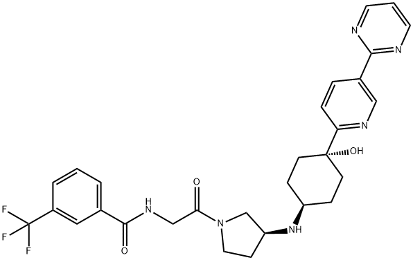 Benzamide, N-[2-[(3S)-3-[[cis-4-hydroxy-4-[5-(2-pyrimidinyl)-2-pyridinyl]cyclohexyl]amino]-1-pyrrolidinyl]-2-oxoethyl]-3-(trifluoromethyl)- Struktur