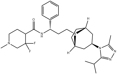 3,3-difluoro-N-((S)-3-((1S,3R,5R)-3-(3-isopropyl-5-methyl-4H-1,2,4-triazol-4-yl)-8-aza-bicyclo[3.2.1]octan-8-yl)-1-phenylpropyl)-1-methylpiperidine-4-carboxamide Struktur