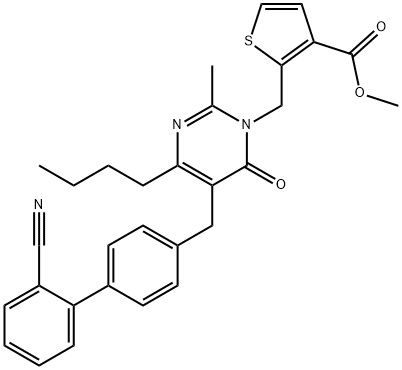 Methyl 2-((4-butyl-5-((2'-cyano-[1,1'-biphenyl]-4-yl)methyl)-2-methyl-6-oxopyrimidin-1(6H)-yl)methyl)thiophene-3-carboxylate Struktur