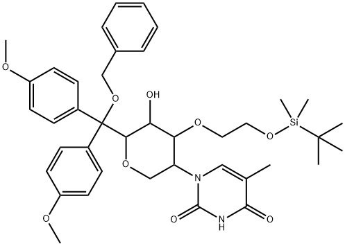 1-(6-((Benzyloxy)bis(4-methoxyphenyl)methyl)-4-(2-((tert-butyldimethylsilyl)oxy)ethoxy)-5-hydroxytetrahydro-2H-pyran-3-yl)-5-methylpyrimidine-2,4(1H,3H)-dione Struktur