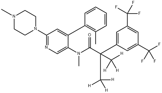 2-[3,5-bis(trifluoromethyl)phenyl]-3,3,3-trideuterio-N-methyl-N-[4-(2-methylphenyl)-6-(4-methylpiperazin-1-yl)pyridin-3-yl]-2-(trideuteriomethyl)propanamide Struktur