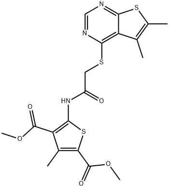 dimethyl 5-(2-((5,6-dimethylthieno[2,3-d]pyrimidin-4-yl)thio)acetamido)-3-methylthiophene-2,4-dicarboxylate Struktur