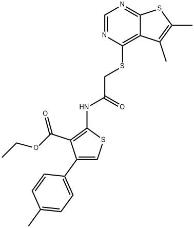 ethyl 2-(2-((5,6-dimethylthieno[2,3-d]pyrimidin-4-yl)thio)acetamido)-4-(p-tolyl)thiophene-3-carboxylate Struktur