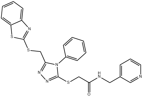 2-((5-((benzo[d]thiazol-2-ylthio)methyl)-4-phenyl-4H-1,2,4-triazol-3-yl)thio)-N-(pyridin-3-ylmethyl)acetamide Struktur