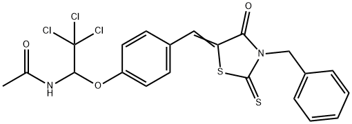 (E)-N-(1-(4-((3-benzyl-4-oxo-2-thioxothiazolidin-5-ylidene)methyl)phenoxy)-2,2,2-trichloroethyl)acetamide Struktur