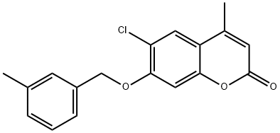 6-chloro-4-methyl-7-((3-methylbenzyl)oxy)-2H-chromen-2-one Struktur