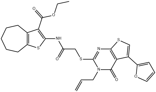 ethyl 2-(2-((3-allyl-5-(furan-2-yl)-4-oxo-3,4-dihydrothieno[2,3-d]pyrimidin-2-yl)thio)acetamido)-5,6,7,8-tetrahydro-4H-cyclohepta[b]thiophene-3-carboxylate Struktur