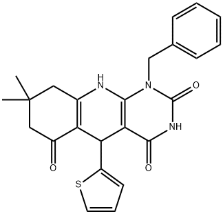 1-benzyl-8,8-dimethyl-5-(thiophen-2-yl)-5,8,9,10-tetrahydropyrimido[4,5-b]quinoline-2,4,6(1H,3H,7H)-trione Struktur