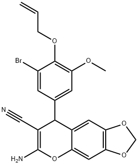 6-amino-8-[3-bromo-5-methoxy-4-(prop-2-en-1-yloxy)phenyl]-8H-[1,3]dioxolo[4,5-g]chromene-7-carbonitrile Struktur