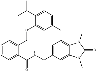 N-[(1,3-dimethyl-2-oxo-2,3-dihydro-1H-benzimidazol-5-yl)methyl]-2-{[5-methyl-2-(propan-2-yl)phenoxy]methyl}benzamide Struktur