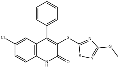 6-chloro-3-{[3-(methylsulfanyl)-1,2,4-thiadiazol-5-yl]sulfanyl}-4-phenylquinolin-2(1H)-one Struktur