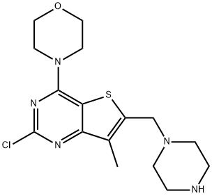 4-(2-chloro-7-methyl-6-(piperazin-1-ylmethyl)thieno[3,2-d]pyrimidin-4-yl)morpholine Struktur