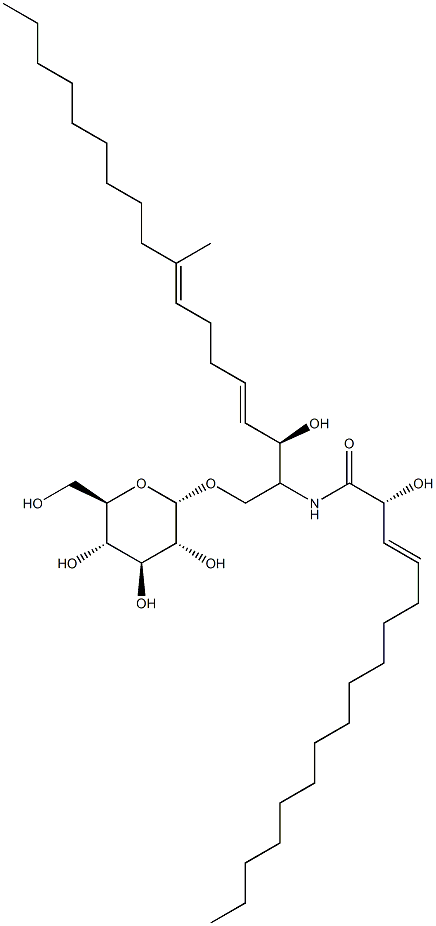 3-Hexadecenamide,N-[(1S,2R,3E,7E)-1-[(b-D-glucopyranosyloxy)methyl]-2-hydroxy-8-methyl-3,7-heptadecadien-1-yl]-2-hydroxy-,(2R,3E)- Struktur