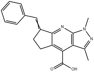 7-Benzylidene-1,3-dimethyl-1,5,6,7-tetrahydro-1,2,8-triaza-s-indacene-4-carboxylic acid Struktur