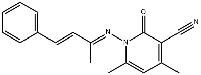 4,6-dimethyl-1-[(1-methyl-3-phenyl-2-propen-1-ylidene)amino]-2-oxo-1,2-dihydro-3-pyridinecarbonitrile Struktur