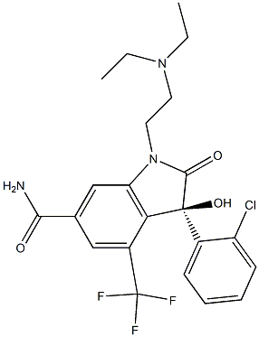 (3R)-3-(2-chlorophenyl)-1-(2-diethylaminoethyl)-3-hydroxy-2-oxo-4-(trifluoromethyl)indole-6-carboxamide Struktur