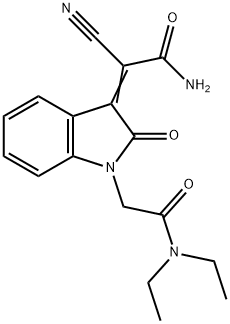 2-Cyano-2-(1-diethylcarbamoylmethyl-2-oxo-1,2-dihydro-indol-3-ylidene)-acetamide Struktur