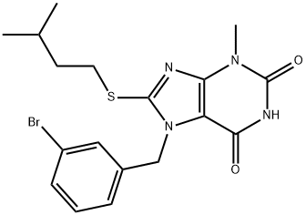 7-(3-bromobenzyl)-8-(isopentylthio)-3-methyl-3,7-dihydro-1H-purine-2,6-dione Struktur