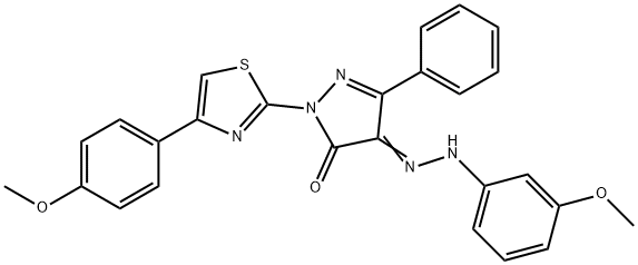 4-[(3-methoxyphenyl)hydrazono]-2-[4-(4-methoxyphenyl)-1,3-thiazol-2-yl]-5-phenyl-2,4-dihydro-3H-pyrazol-3-one Struktur